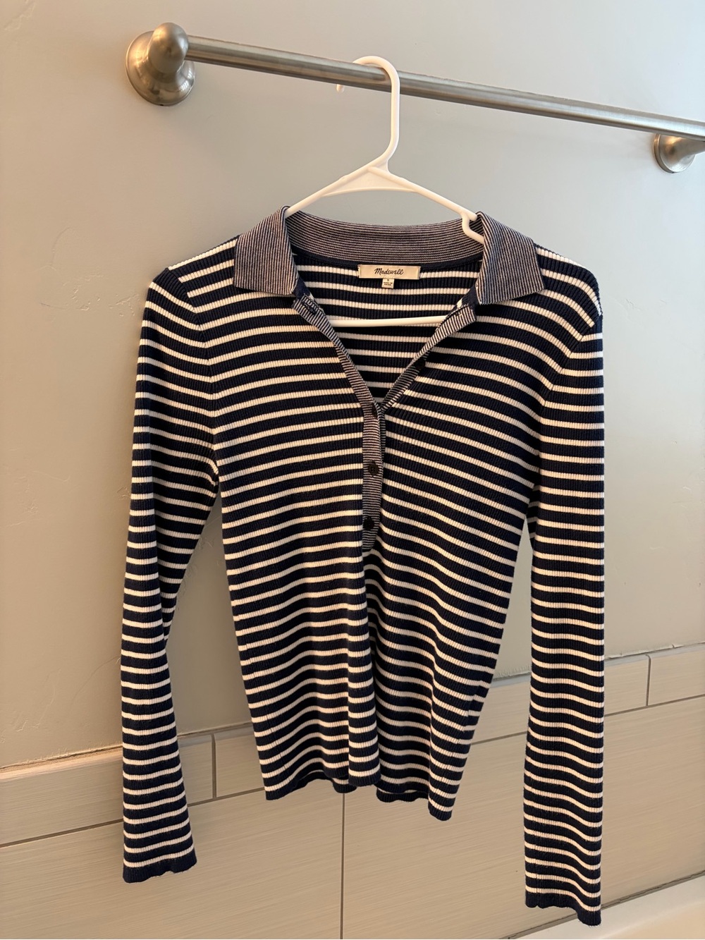 Madewell Navy & White Striped Ribbed Polo Shirt
